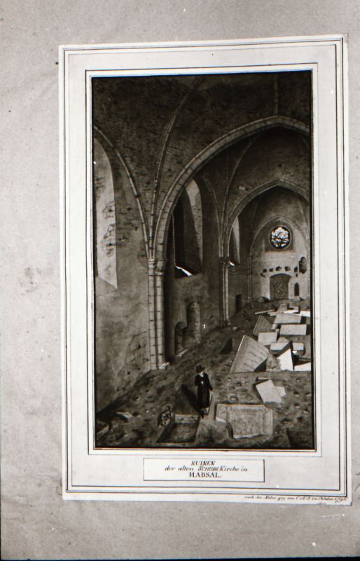 Negatiiv. Ümberpildistus joonistusest. Haapsalu piiskopilinnuse varemed, sisevaade.