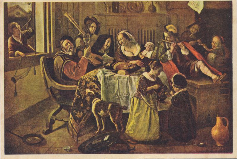 Postkaart. Kunstipostkaart. Jan Steen. Vroolijke perekond.