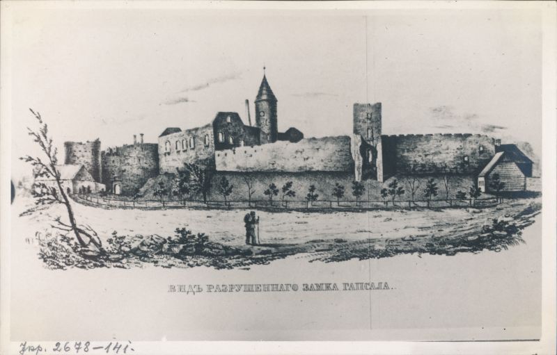 Postkaart. Dampfi album. Vaade linnusele loodest umb 1850-70. Ümberpildistus joonistusest.