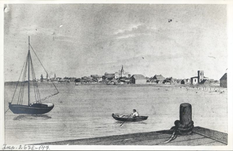 Postkaart. Dampfi album. Vaade Haapsalule Vanasadama sillalt. 1840. a. joonise järgi.
