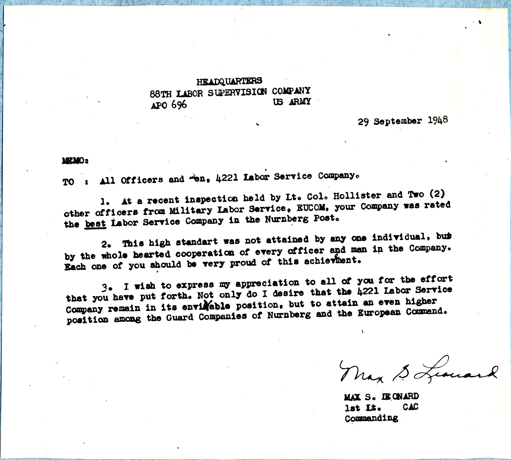 dokument, tänukiri Nürnbergi kompanii peastaabist vahipataljonile 4221.
