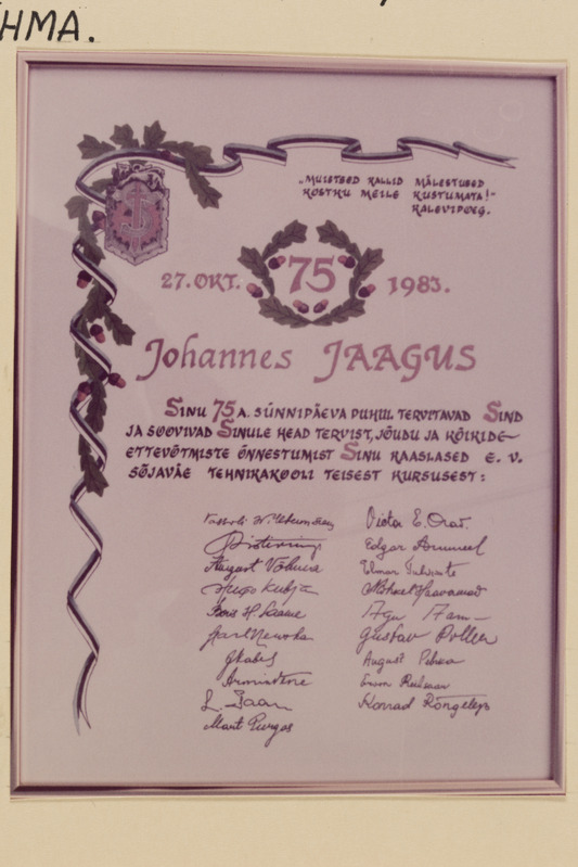 Õnnitluskaart Johannes Jaagusele