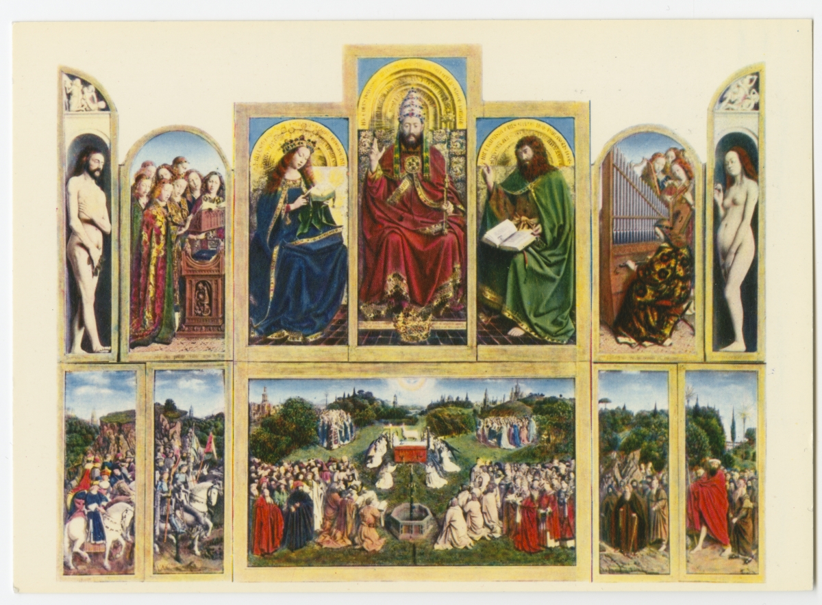 Fotopostkaart Jan van Eyck´i (1390-1441) poolt maalitud altarimaali keskosast Gentis, Saint Bavo Cathedralis