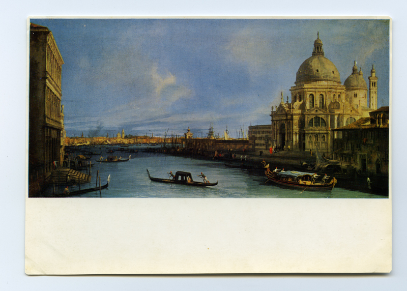 Fotopostkaart. Itaalia. Veneetsia.
Postkaart Canaletto (Antonio Canal, 1697-1768) Berliini Riigimuuseumis asuvast maalist vaatega barokkstiilis Santa Maria della Salute kirikule ning selle lähiümbrusele Veneetsias