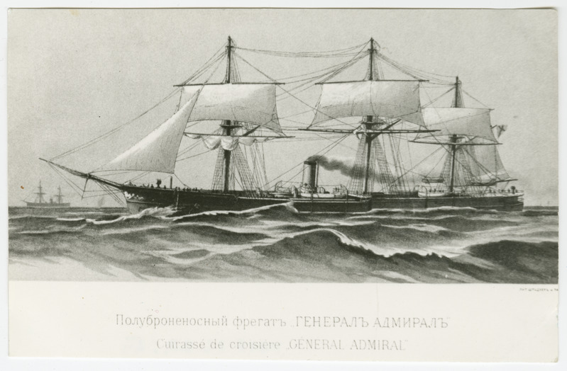 Mustvalge fotokoopia postkaardist: Vene impeeriumi ristleja "Kindral Admiral".