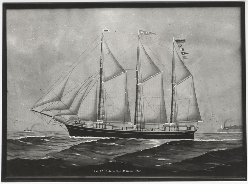 Reproduktsioon maalist: kolmemastiline kahvelkuunar "Avita" merel