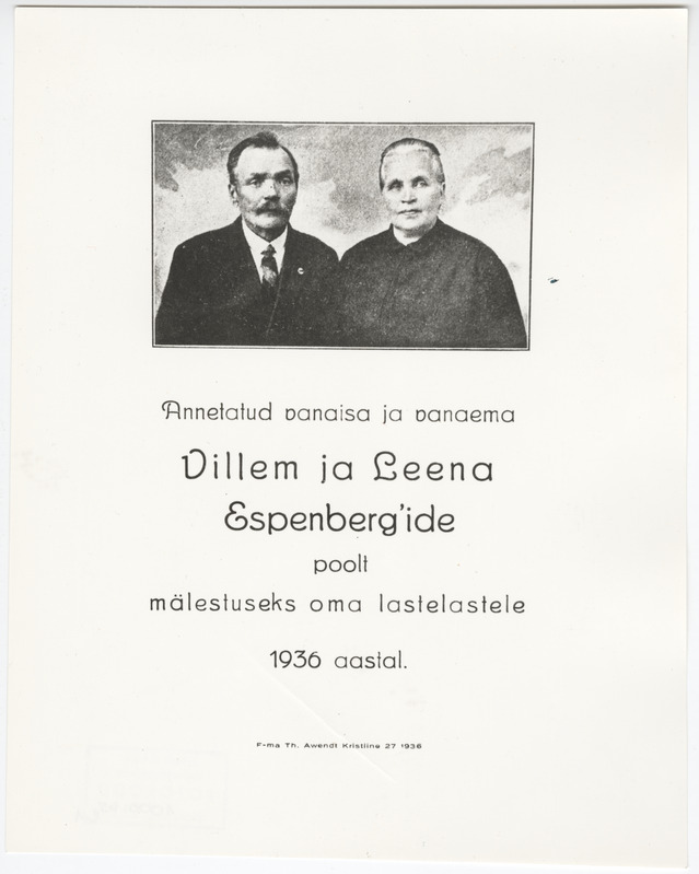 Tiitelleht ja eessõna perekonna albumist, mille Villem ja Leena Espenberg pühendasid mälestuseks oma lastelastele