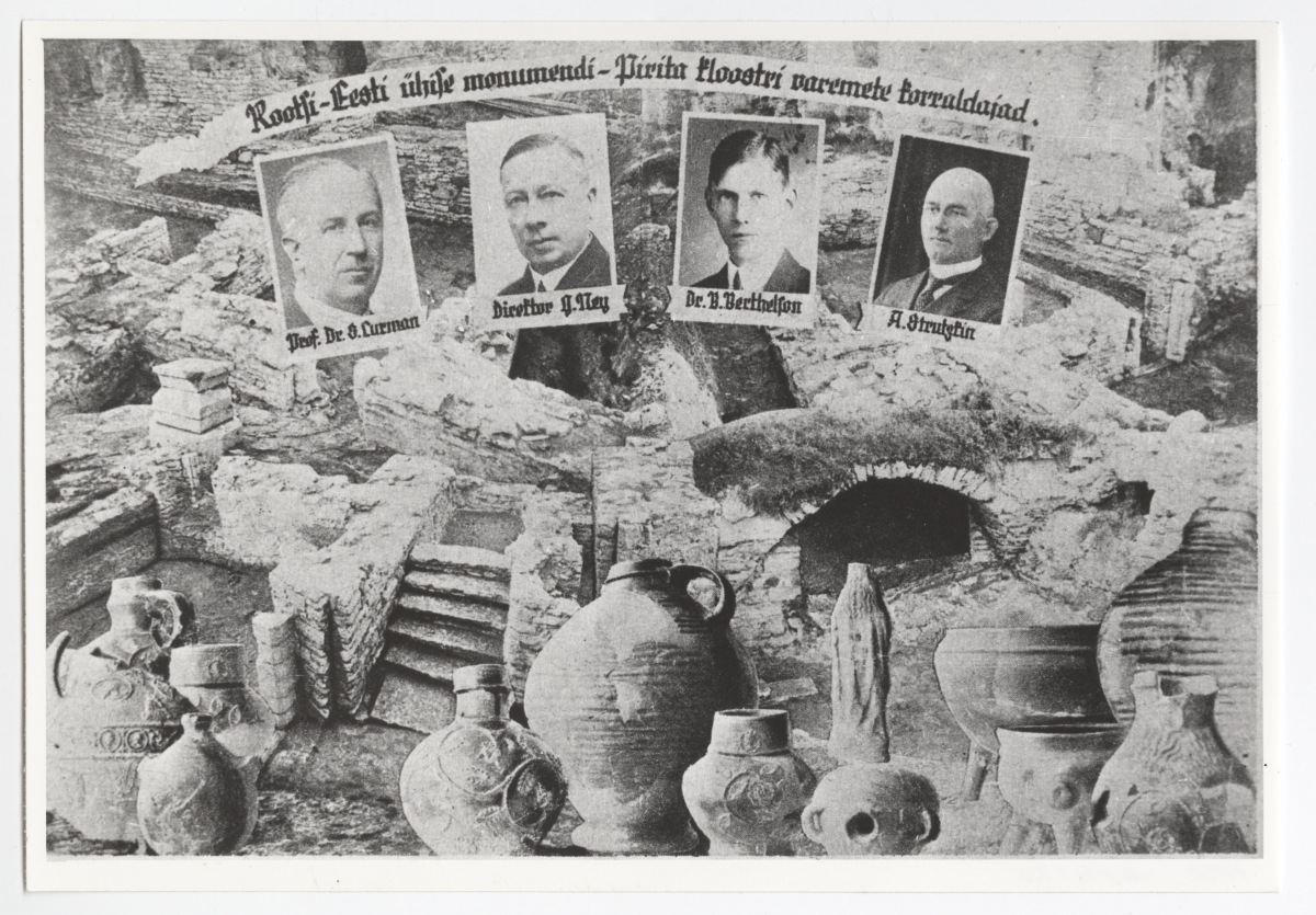 Fotomontaaž 1934.-1935. aasta arheoloogiliste kaevamistööde leidudest ja korraldajatest Pirita kloostris