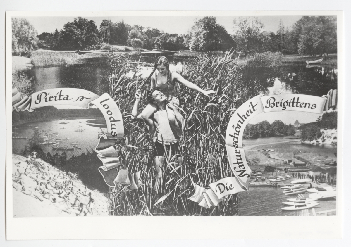Fotomontaaž puhkajatest ja paatidest Pirita jõel ja mererannas.
1935