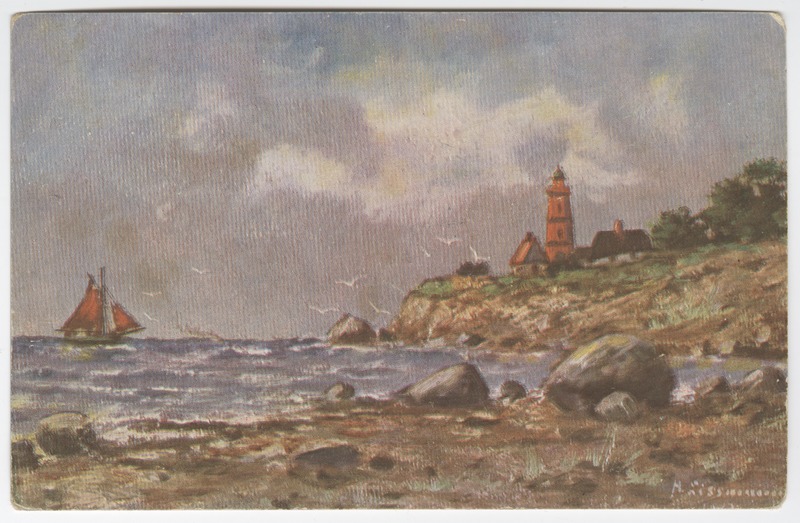 Rannikuvaade tuletorni ja purjelaevaga