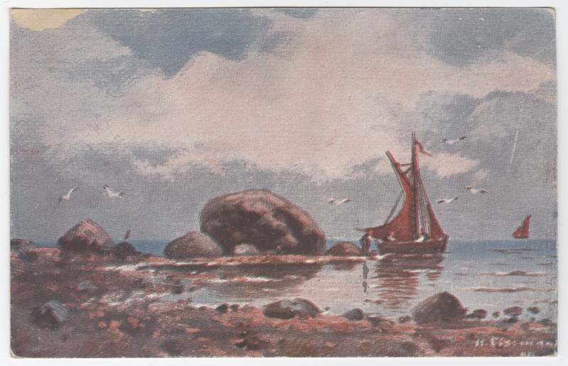 Rannikuvaade. Purjekas rannas, teine merel