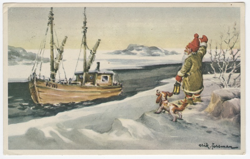 Jõulukaart. Päkapikk lehvitamas laevale