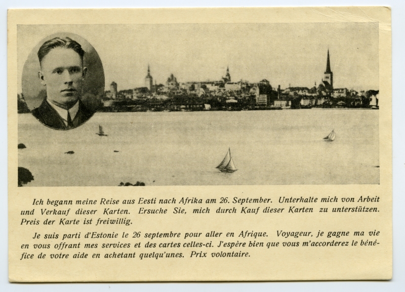 Postkaart purjetaja portree ja Tallinna vaatega. Trükitud eesmärgiga koguda raha purjetaja jaoks