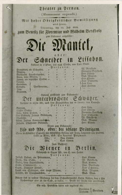 Foto. Ürik Pärnus 1829. aastal esinenud teatriseltskonna etenduse kuulutus, milles teatatakse Florentine ja Wilhelm Berckholzi tuluõhtust 23.juulil 1829.