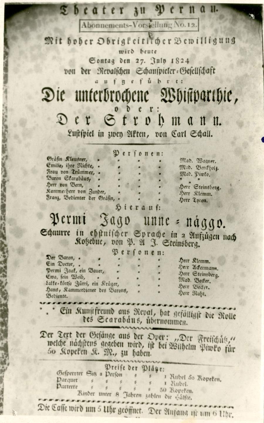 Foto. Ürik, Pärnus 1824. aastal etendusi andnud Tallinna näiteseltskonna kuulutus.