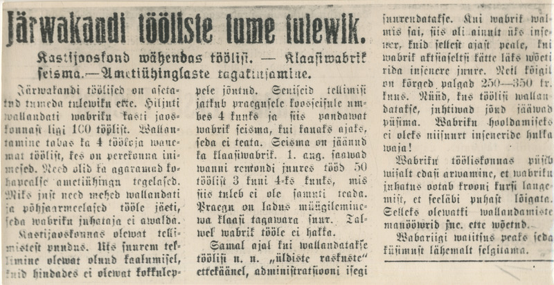 Foto. Fotokoopia. Artikkel "Järvakandi tööliste tume tulevik"