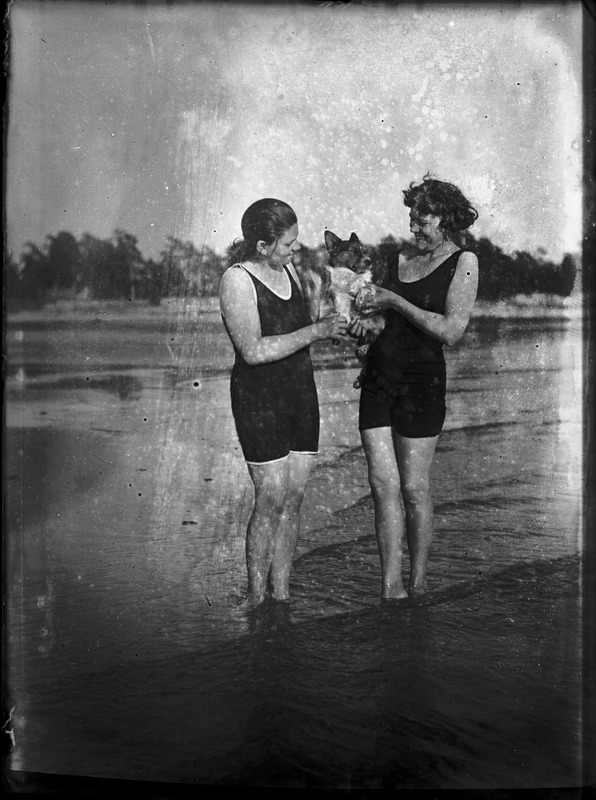 Klaasnegatiiv. Kaks supeltrikoos naisterahvast vees koerakesega. Pärnu maakond, Häädemeeste