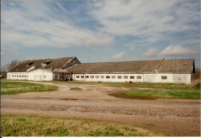 värvifoto Kareda küla vaade, endine kolhoosi loomalaut 1997