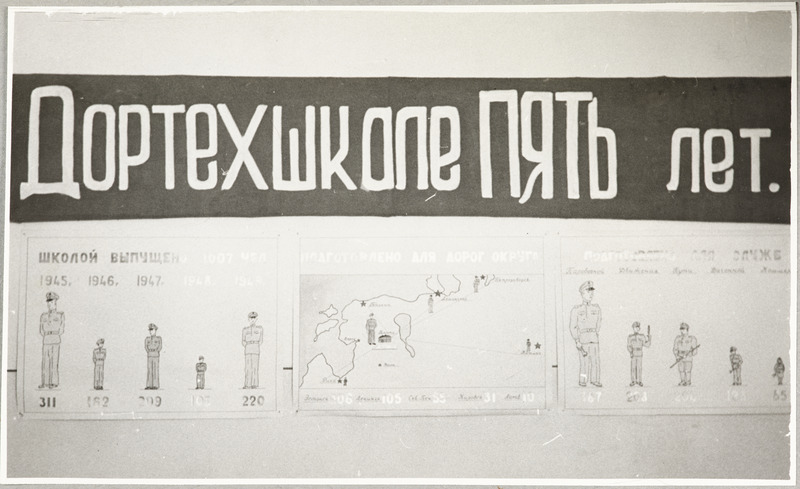 Tartu Raudtee Tehnikakool: kooli juubelinäituse stend, 1949.