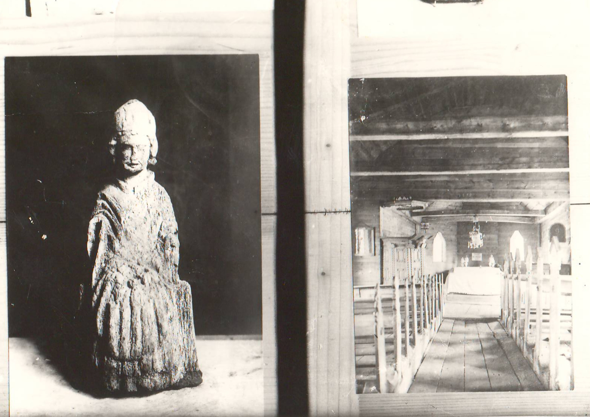 Istuva piiskopi puuskulptuur.