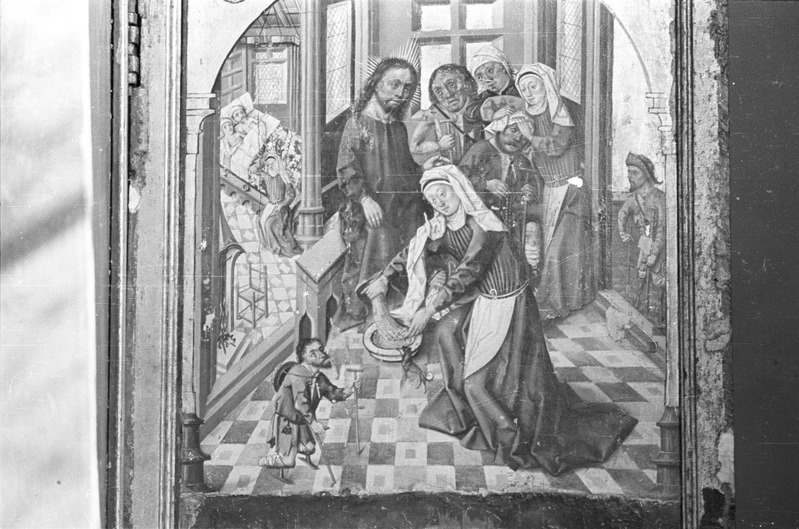 Pidalitõbise jalgade pesemine. Fragment Tallinna Pühavaimu kiriku altarimaalist