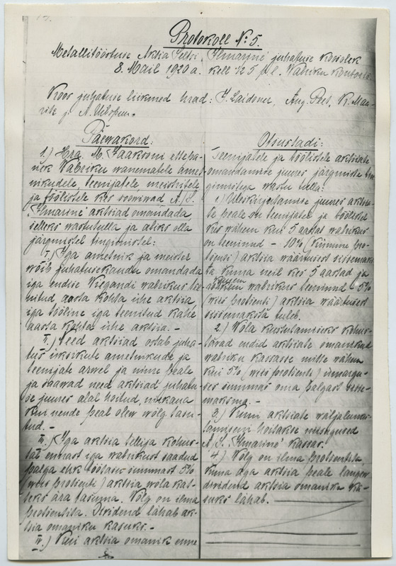 Metallitööstuse A/S "Ilmarine" juhatuse protokoll Nr. 5 - 08.05.1920.