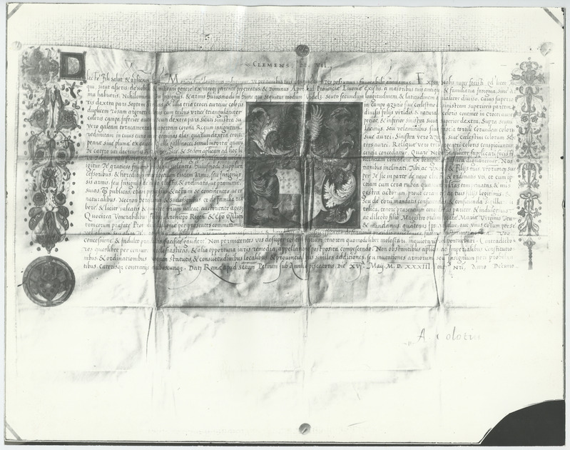 Fotokoopia vapidiplomist, mille paavst Clemens VII andis vabahärra Patckulile.