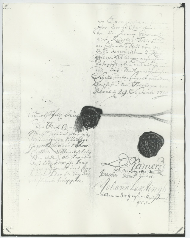 Fotokoopia - viimane lehekülg saksakeelsest Tallinna kapitulatsiooniaktist, 29.09.1710.