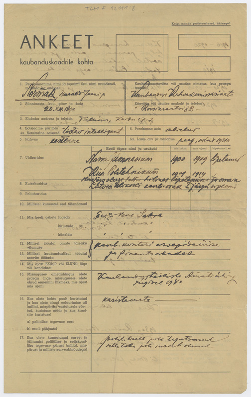 Harald Normaki ankeet kaubanduskaadrite kohta, 1941