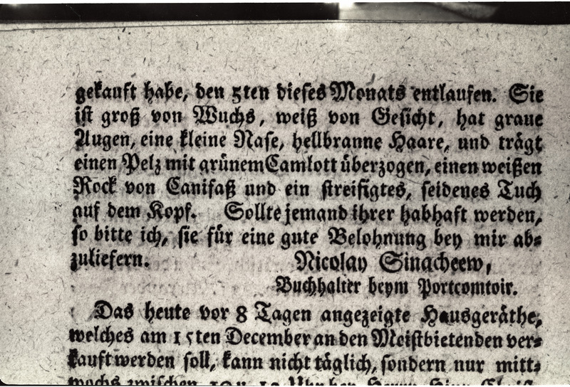 Kuulutus "Revalsche Wöchentliche Nachrichten", mis teatab teenija põgenemisest, 1787. aasta.