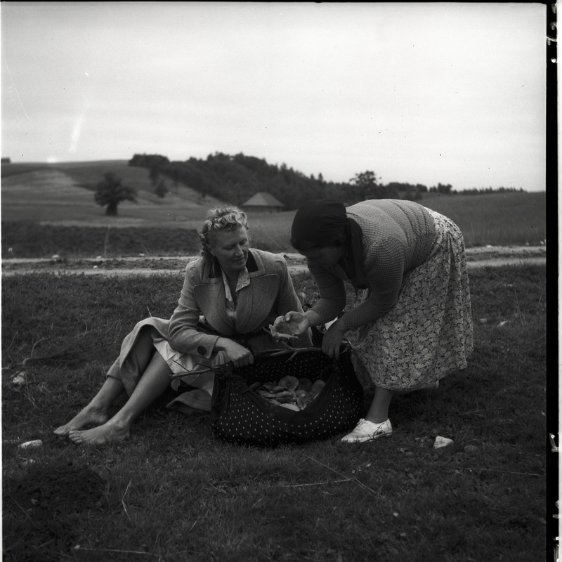 Kaks naist teeääres kotitäie seentega, paremal Johanna Triefeldt (Kõlu talu lähistel)