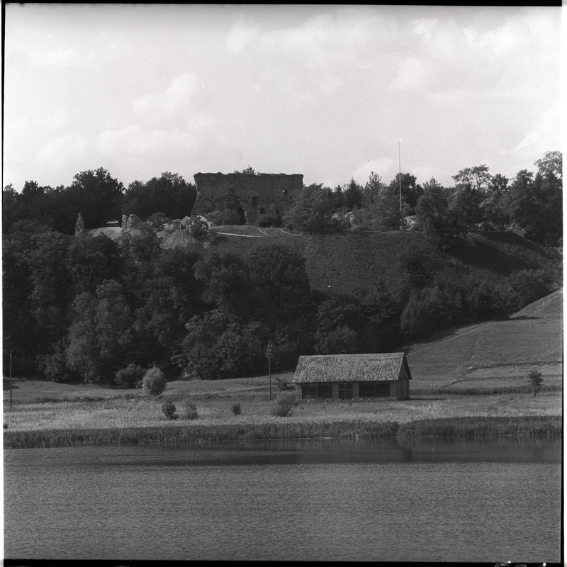 Viljandi järv, esiplaanil maja, taustal lossivaremed