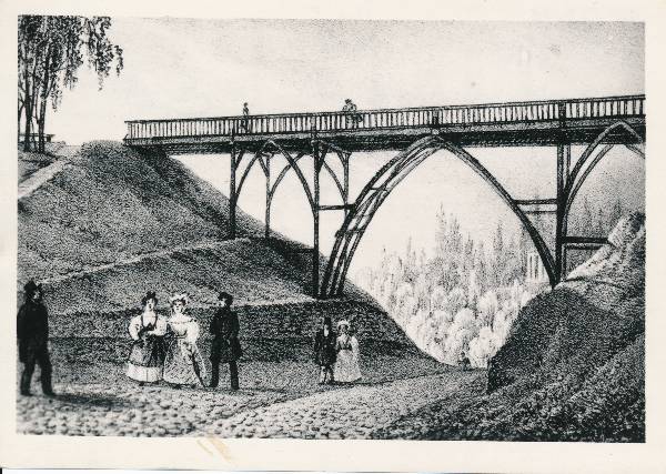 Tartu linnavaade. Vana Toome sild (nüüd samal kohal Kuradisild). G.F. Schlateri litograafia 1860ndatel.