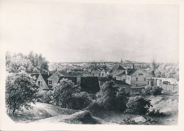 Vaade Puiestee tänavalt kesklinna suunas.  G. Fr. Schlateri litograafia,  Tartu, 1850.