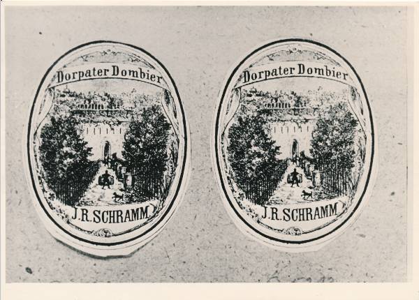 Schrammi õllevabrik, õllepudeli etikett. Pildil õllevabriku jääkelder Püssirohukeldris. Tartu, u 1828.