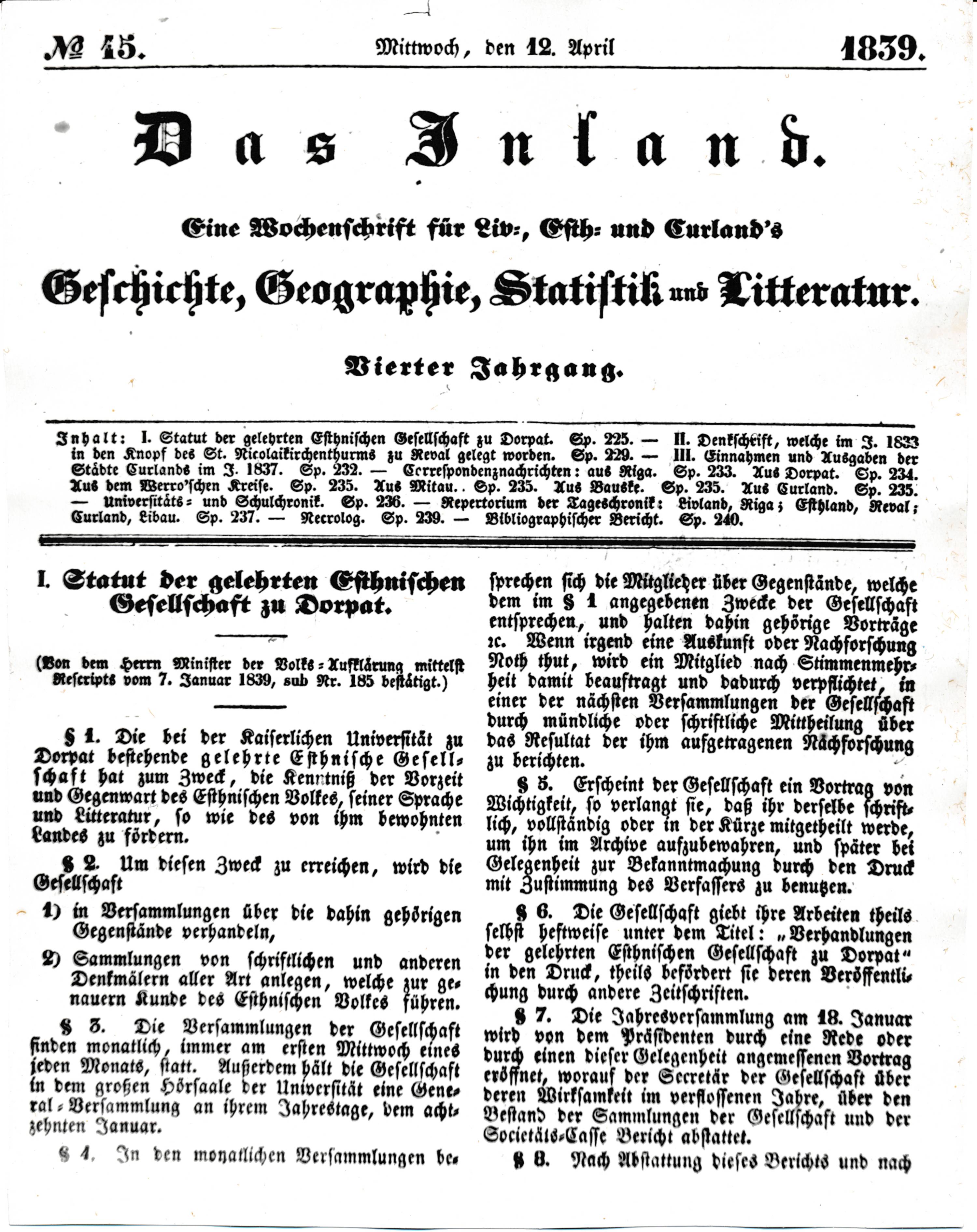 Fotokoopia statuudist A VI 3 1945:1325 "Das Inland" ajalehes nr 15 lk 1.