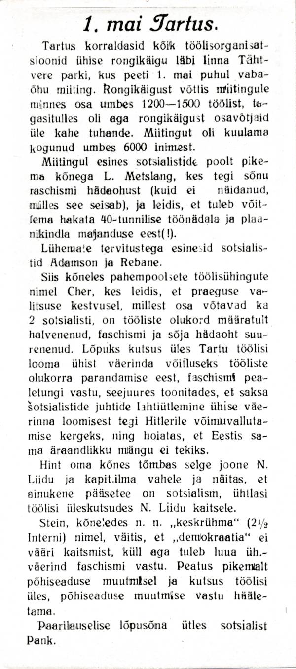 Fotokoopia ajalehe artiklist. Võitlusrinne nr 2 (töölisnoorsoo häälekandja). 18.05.1933.a.
