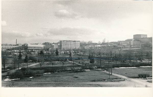 Tartu linnavaade. Kesklinn, tagaplaanil kaubamaja, teenindusmaja, teater Vanemuine. 1970ndatel.