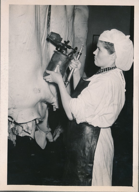 Tartu Lihakombinaat,  lihakeha kõrvetamine leeklambiga. 1960