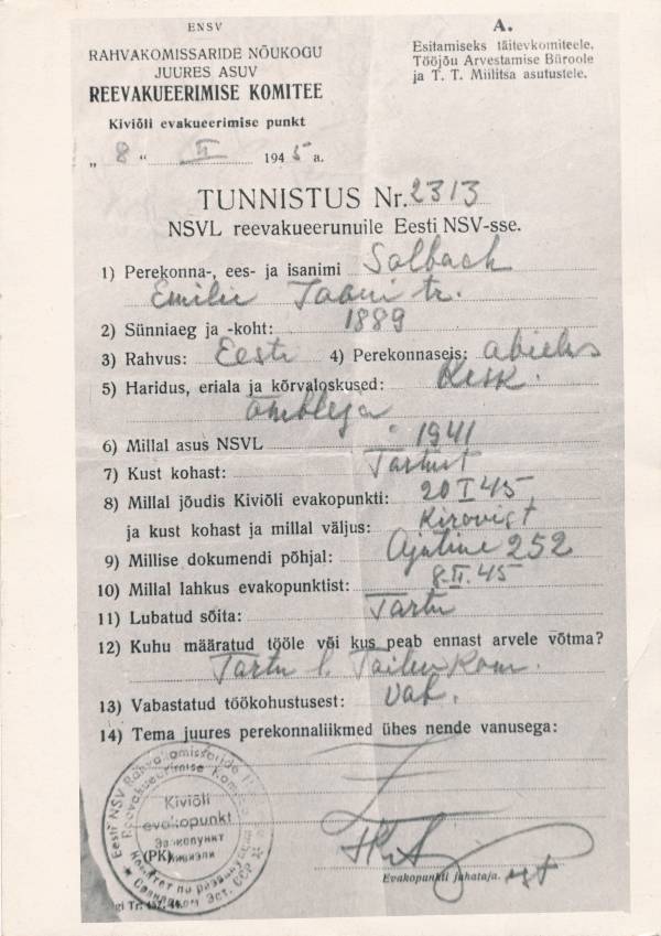 Fotokoopia. Reevakueerimise Komitee tunnistus nr 23/3, välja antud Emilie Solbachile 08.02.1945.a.