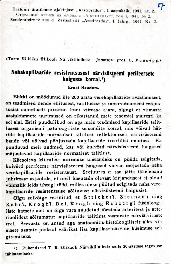 Fotokoopia,  Ernst Raudam "Nahakapillaaride resistentsusest närvisüsteemi perifeersete haiguste korral" (Tartu, 1938).