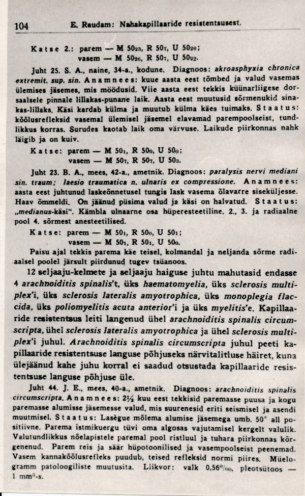 Fotokoopia, Ernst Raudam "Nahakapillaaride resistentsusest närvisüsteemi perifeersete haiguste korral" (1938; lk 104).