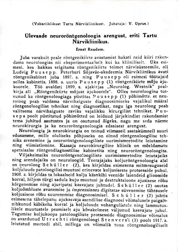 Fotokoopia.  Ernst Raudam "Ülevaade neuroröntgenoloogia arengust, eriti Tartu Närvikliinikust". 1960-1970
