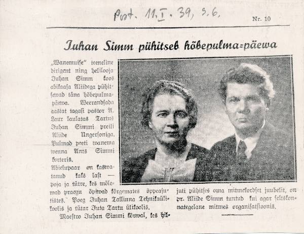 Fotokoopia ajalehest Postimees. Juhan Simm pühitseb hõbepulmapäeva. 11.01.1939.a.