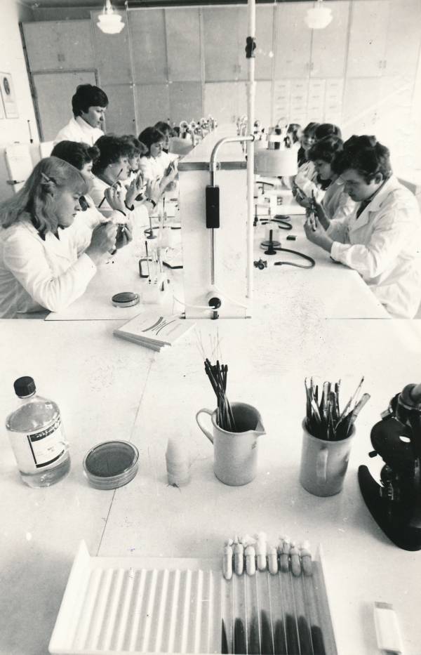 Tartu Meditsiinikool, velsker-laborandid mikrobioloogia praktikumis. 1979