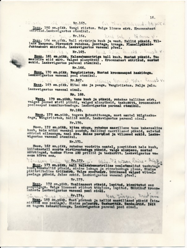 Fotokoopia materjalidest, koostatud 1941a komisjoni poolt tuvastatud isikud, kes tapeti Tartu vanglas 1941a. Protokollid lk 16, nimestik.