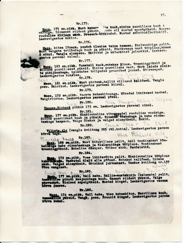 Fotokoopia materjalidest, koostatud 1941a komisjoni poolt tuvastatud isikud, kes tapeti Tartu vanglas 1941a. Protokollid lk 17, nimestik.