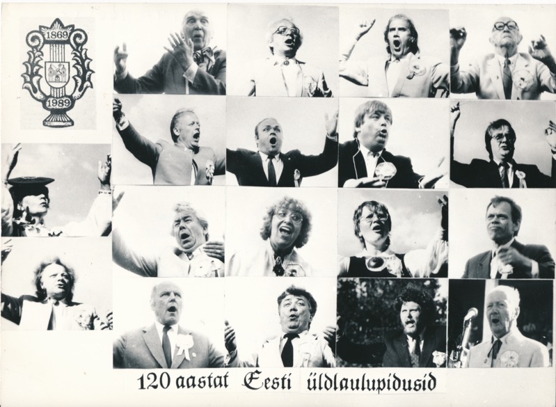 120 aastat Eesti üldlaulupidusid. Fotol juubelilaulupeo embleem ja 18 dirigendi näopilt 1989a.