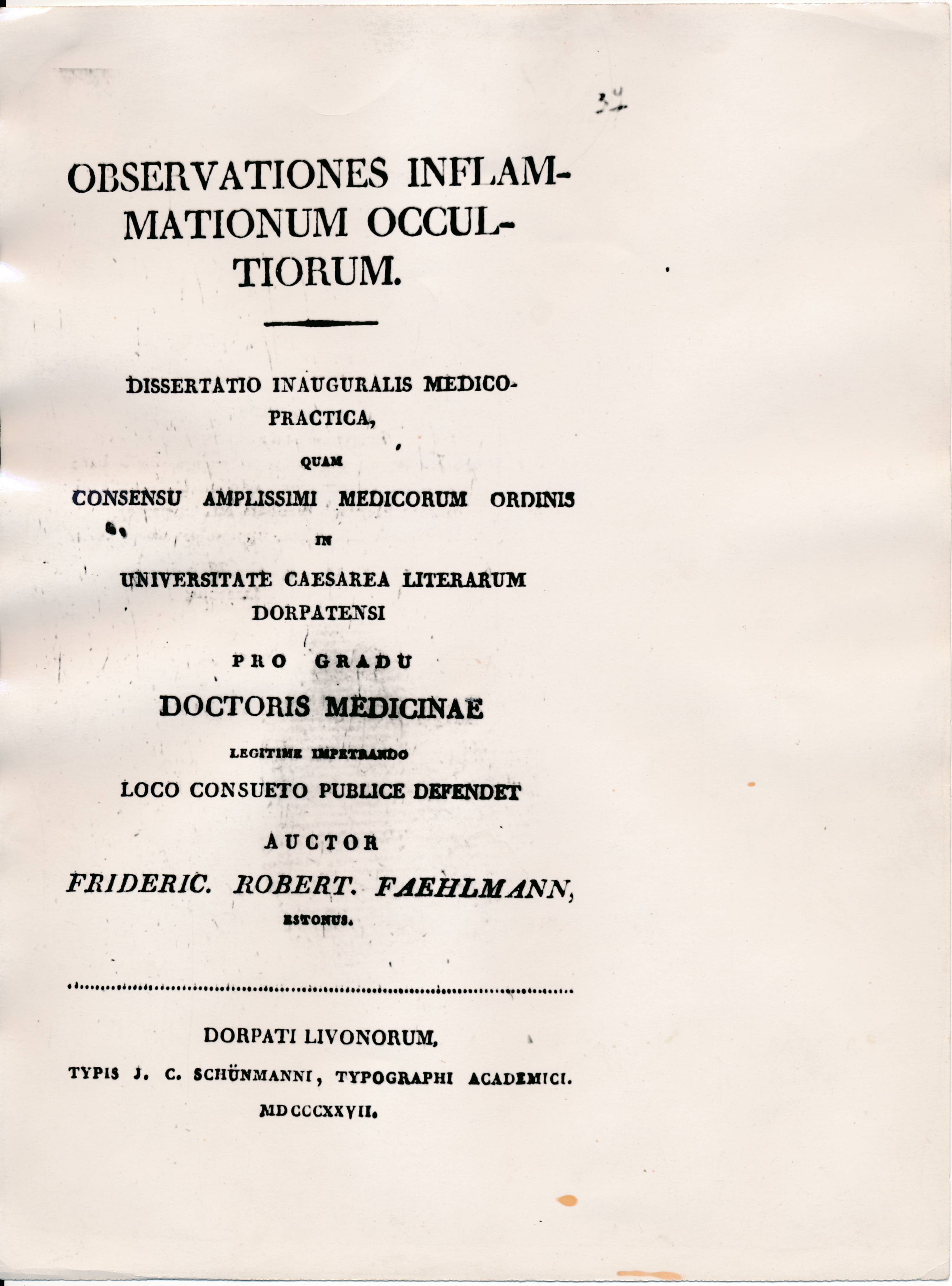 Fotokoopia. Friedrich Robert Faehlmanni doktori diplom. Tartu, 1827.a.