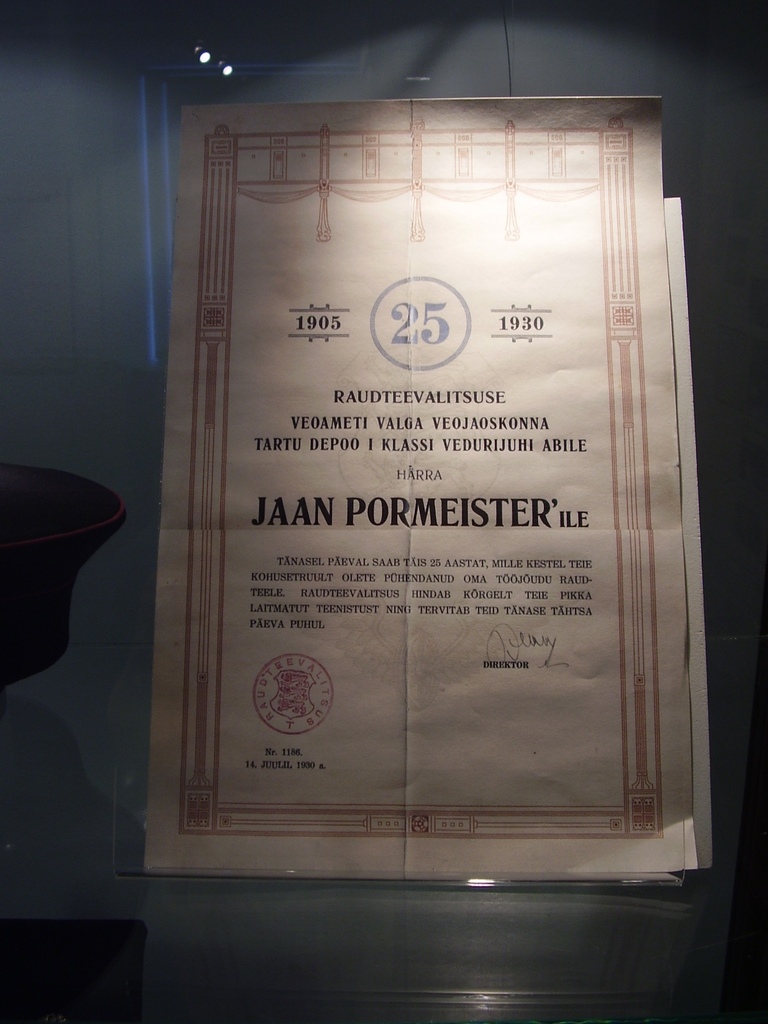 Näitus "Kui rong tuli...". Tänukiri: raudteelane Jaan Pormeister (1930). Tartu, 2006.